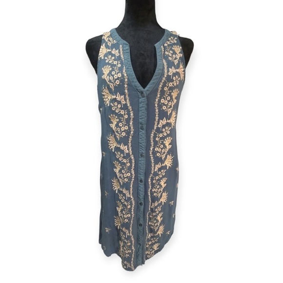 Anthropologie Tiny Syden Embroidered Floral Sleeveless Button Front Dress Teal M - Picture 10 of 11
